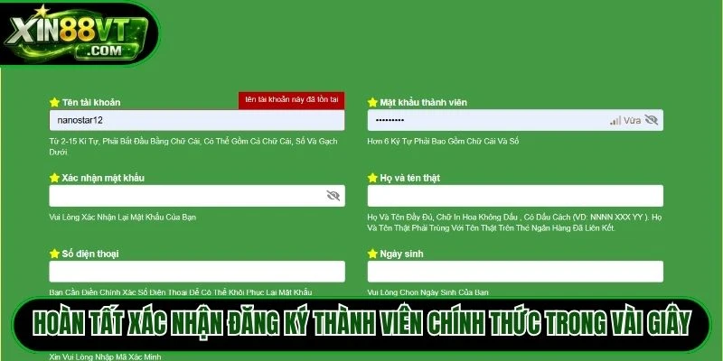Hoàn tất xác nhận đăng ký thành viên chính thức trong vài giây